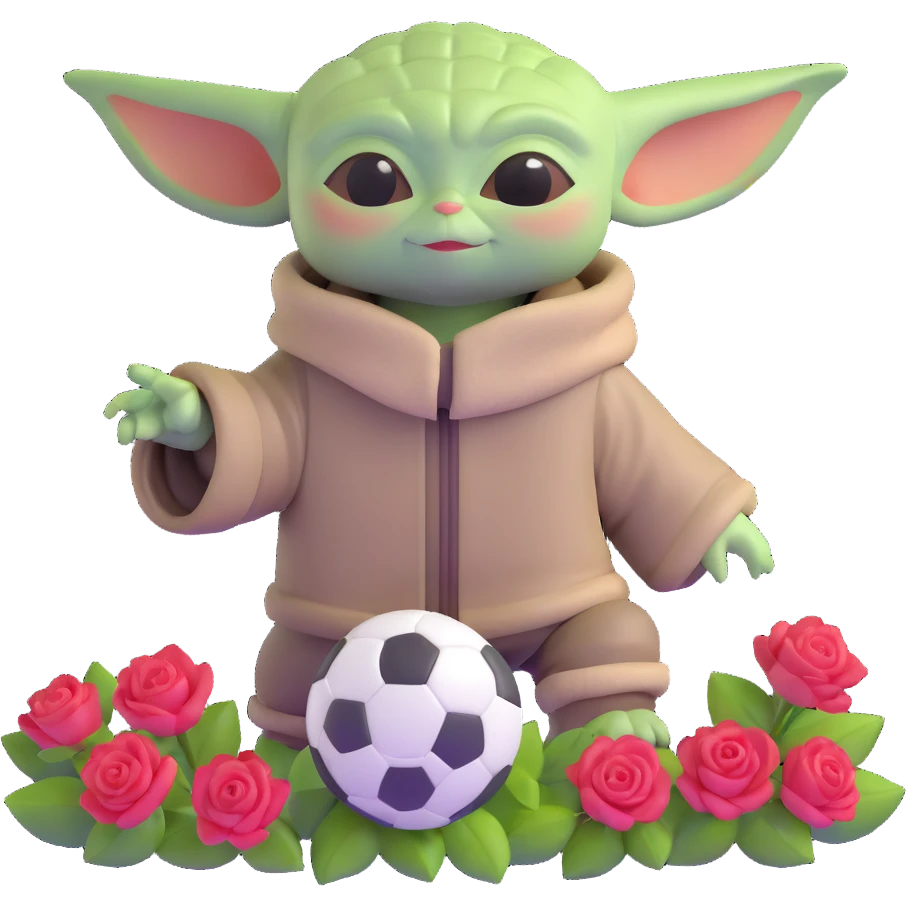 baby Yoda kicking a soccer ball with small roses beside him emoji