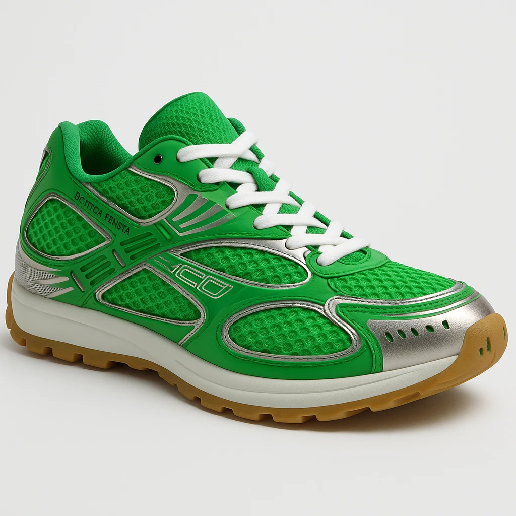 Recreate the Bottega Veneta Orbit sneaker in signature Bottega green, exact design, shown in a 3D turned perspective (not flat 2D), similar to the reference image, realistic, clean background. The style should be realistic and 3D as in the reference images. emoji