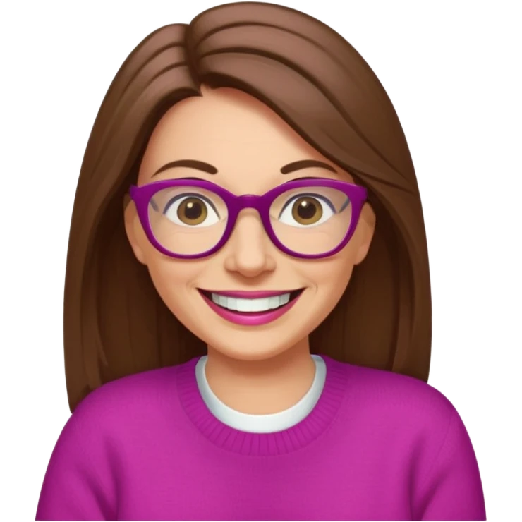 50 yr Caucasian woman, long brown hair parted on side, brown eyes, glasses, big smile, white teeth, fuscia sweater emoji