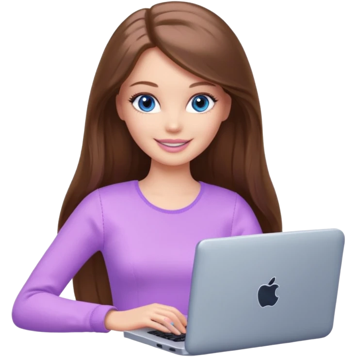 beautiful barbie girl with long brown hair, blue eyes and wearing light purple clothes playing computer games emoji
