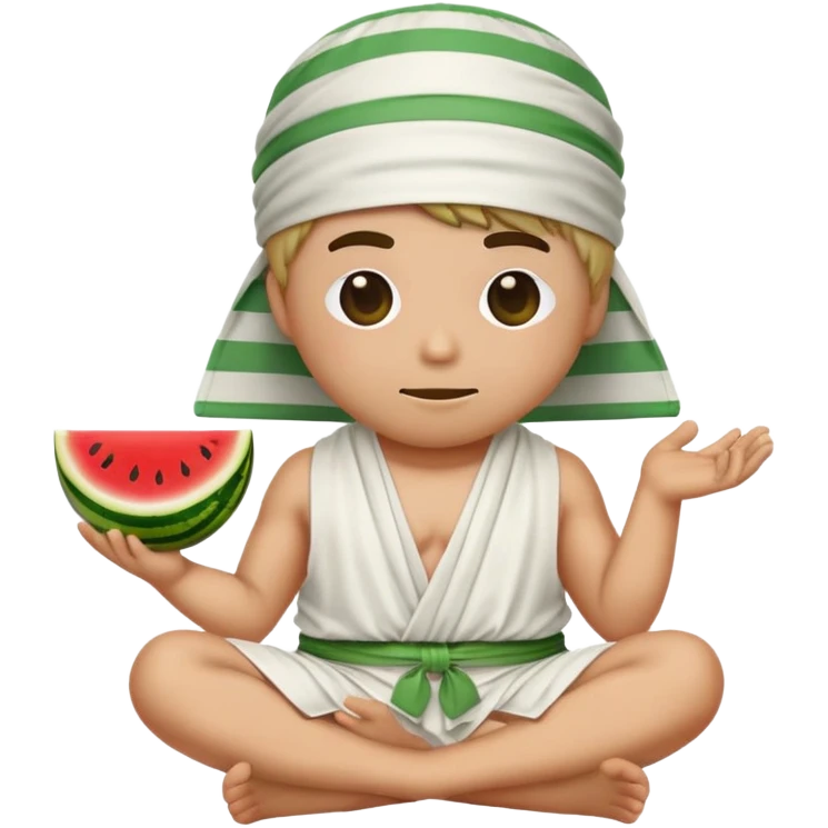 Emoji sitting cris cross wearing a white toga, the emoji is blindfolded with a white and green striped tie, and they have a watermelon for a hat.  emoji