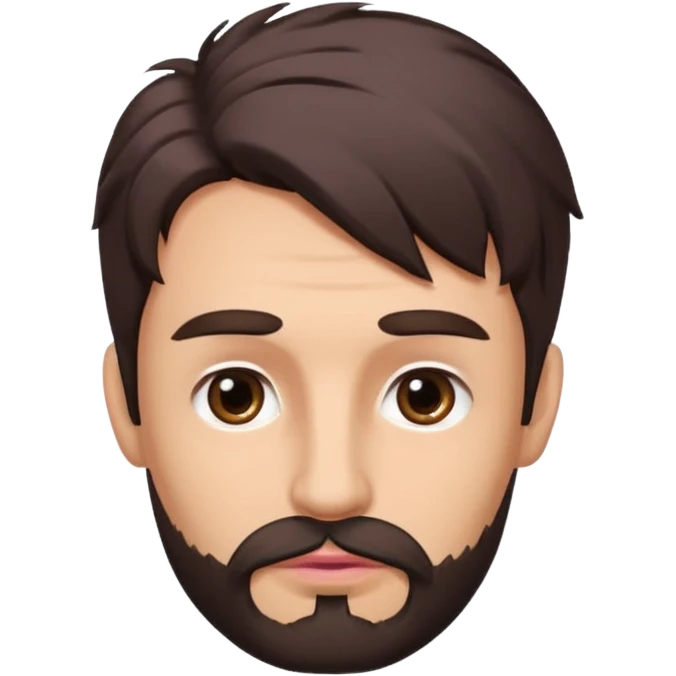 Handsome white man with big brown eyes thin pink lips long nose and dark brown messy hair cover his forhead mini beard emoji