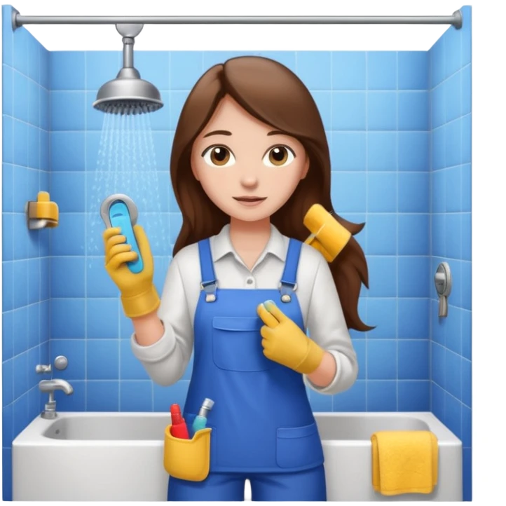 beautiful girl with long brown hair constructing new bathroom area with new shower and amenities  emoji