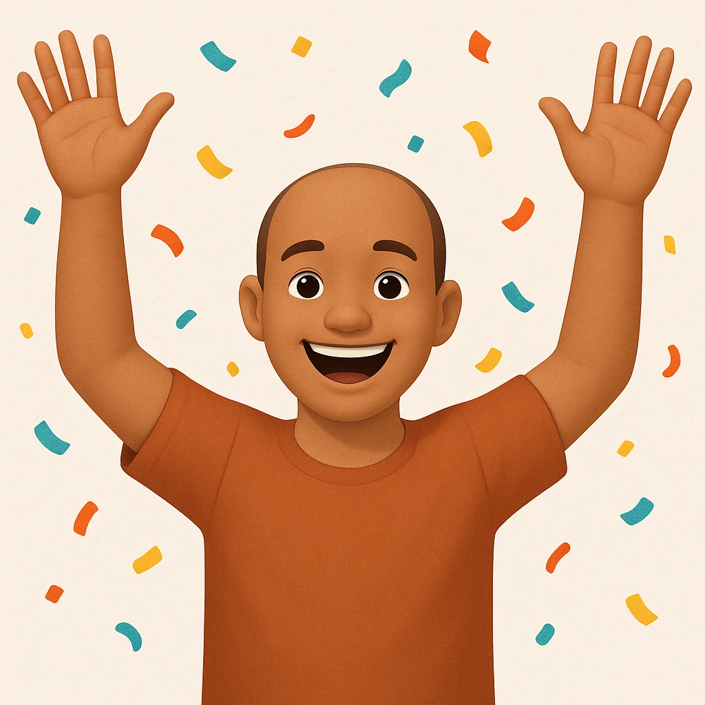 Edit the image of a happy tall Indian person with arms raised in victory, big smile, and confetti. Remove the mustache, give a receding hairline, and dress the person in simple, normal clothes. The original style is emoji style, but use a general style for editing while preserving the emoji look and feel. emoji