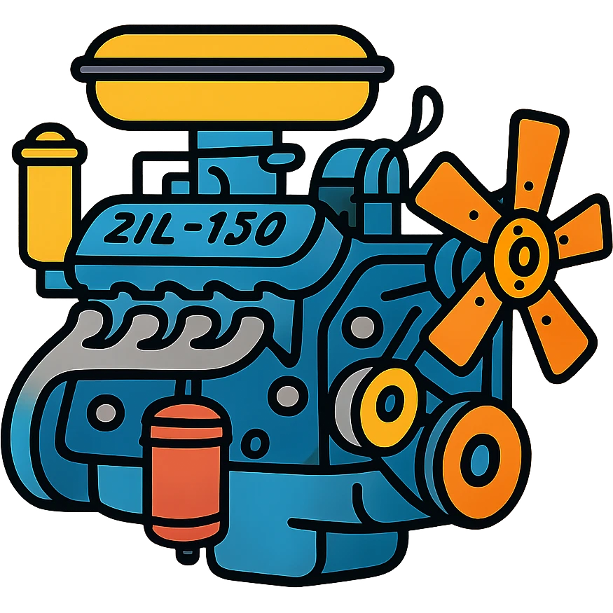 Detailed ZIL-130 V8 truck engine with visible components, Soviet design, mechanical parts emoji