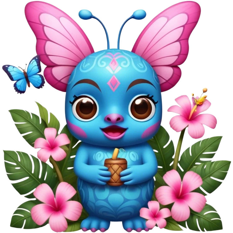 Pixar style little Blue and pink tiki singing with a butterfly and tropical flowers, ultra detailed and lifelike imagery, realistic emoji