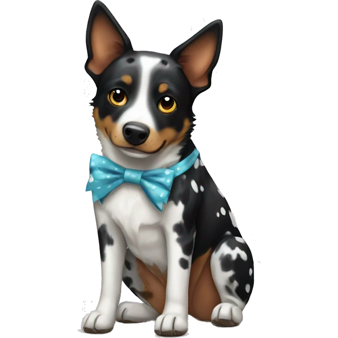 Black and white spotted Australian cattle dog, with bows emoji