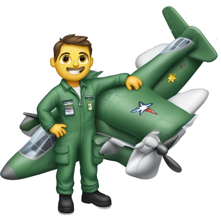 Air Force mechanic wearing green coveralls name tag reads AOG holding a wrench fixing an airplane emoji