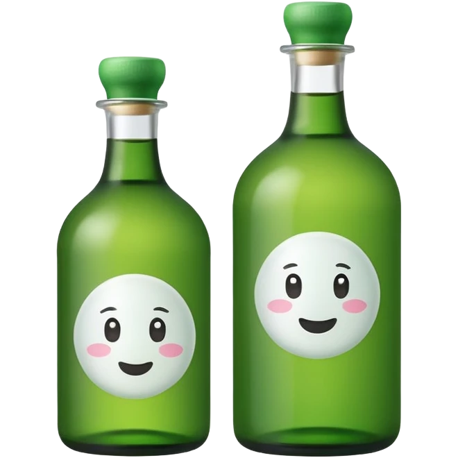 A clean, cute emoji-style green soju bottle, small Korean soju bottle with green glass, simple label in Korean style, minimal flat design, soft shading, centered, white or transparent background, high contrast, rounded friendly emoji look, 1:1 aspect ratio, app icon style emoji