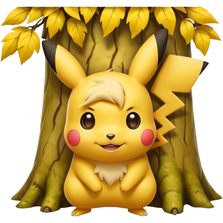 cute Pikachu Pokémon peeking out from behind a tree emoji