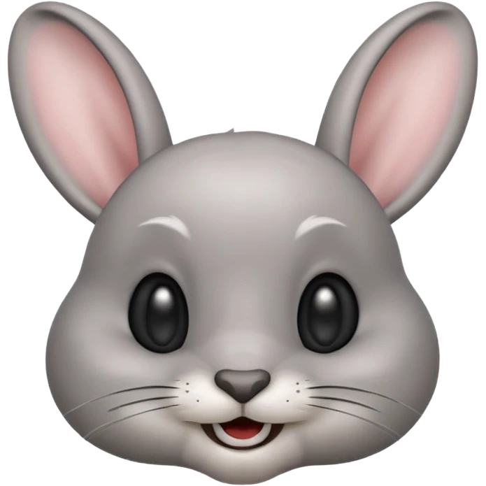 Head of a grey rabbit in Apple emoji style, round face, soft grey fur, big black eyes, perky ears, gently showing two front teeth in a subtle smile, front-facing, clean and glossy look
 emoji