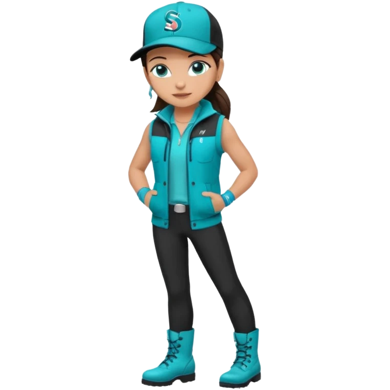 A landscaper in a beautiful turquoise jacket and turquoise boots, black pants, and a black sleeveless shirt. On his head is a black Swissotel baseball cap. The girl is a brunette with blue eyes. emoji