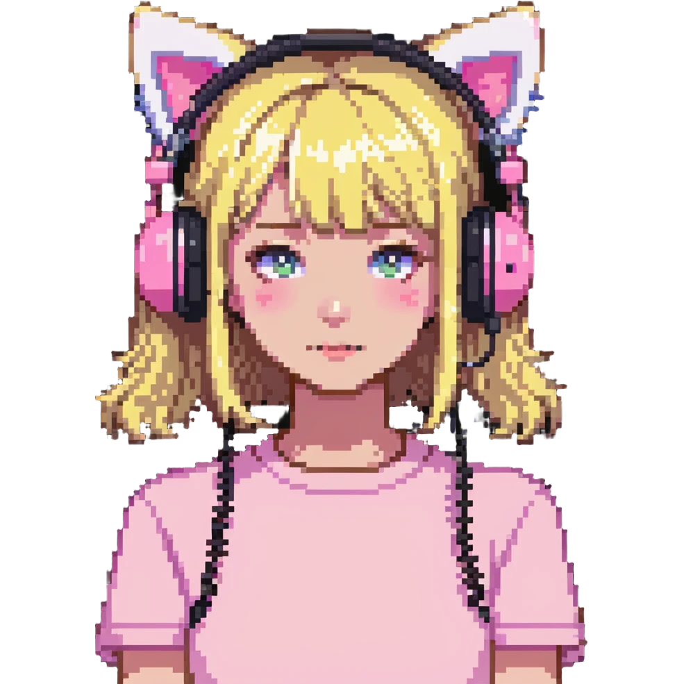 sassy blond girl with short bangs and pink kitty-ear headset emoji