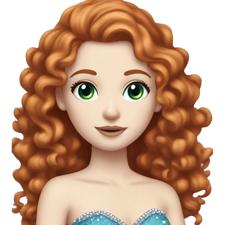  Red long hair curly girl, pale skin, white foundation, purple eyeshadow, with green eyes and a blue bedazzled dress with a small tiara on her head, with mascara on her eyes blue dress pale skin emoji