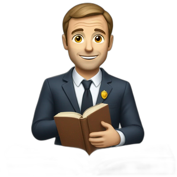 Macron as a teacher with a book on his hand emoji
