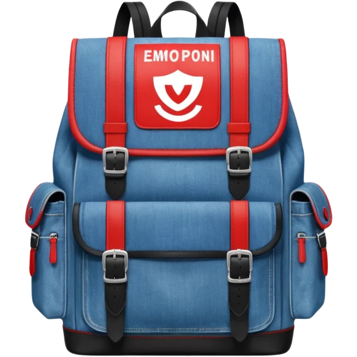 a blue denim backpack with a flap top, two vertical black buckle straps on the front. The backpack has two side pockets and a soft square shape. at front pocket bottom side, red and white two divided logo 

 emoji