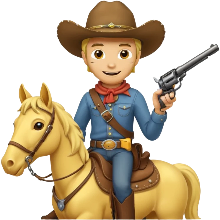Cowboy riding a horse with revolver. Cowboy With yellow skin and smilling. Simplize it and I need a full pic with horse. Like I need the leg part too emoji