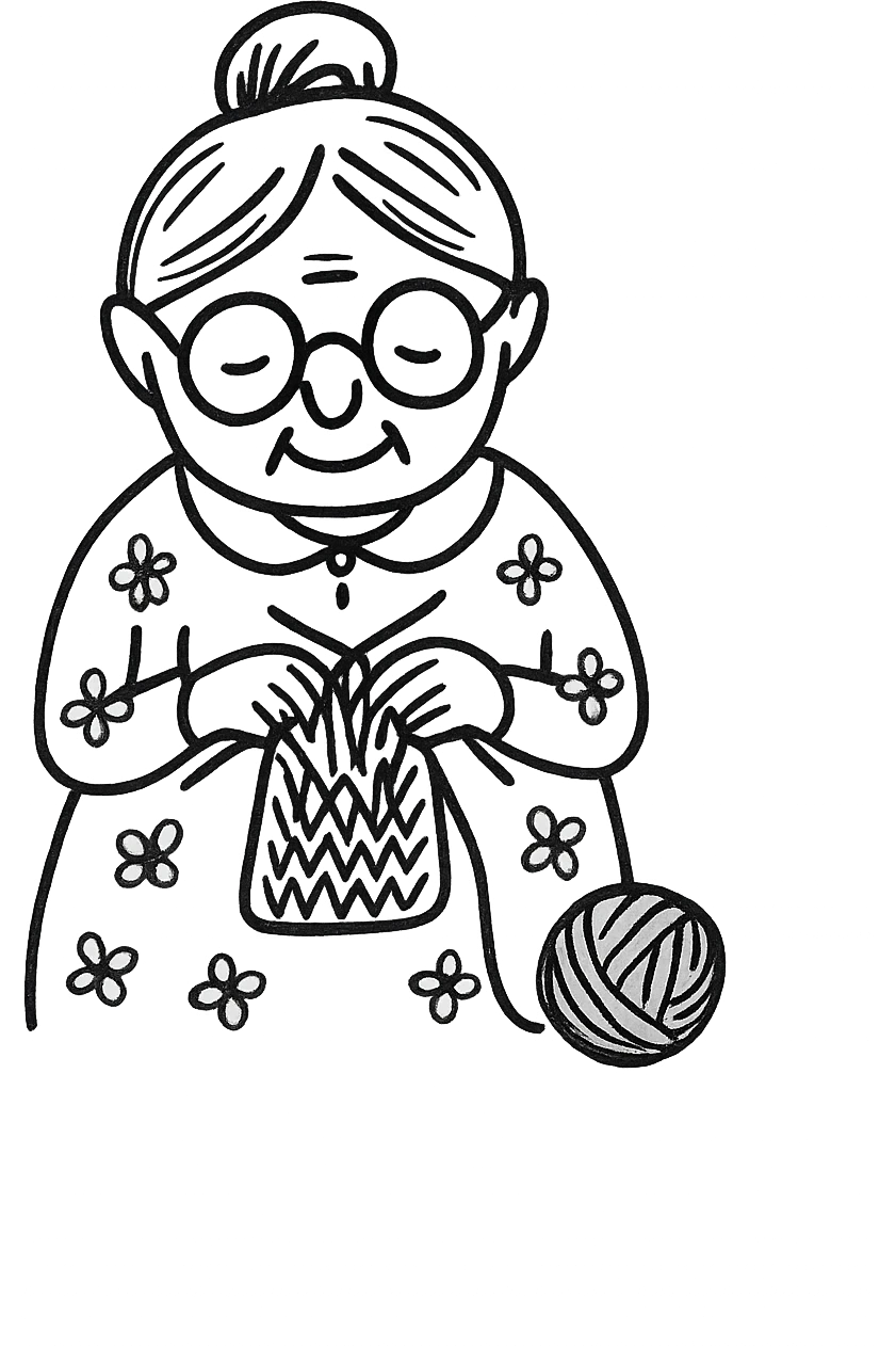 a very old lady grandma wearing glasses knitting hair in a bun floral dress hand drawn style emoji