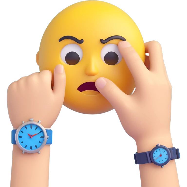 A yellow emoji face with a worried expression, looking at a wristwatch with raised eyebrows, showing urgency and stress emoji