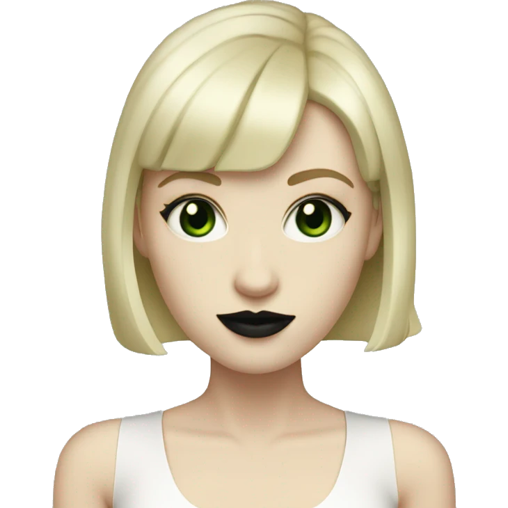 Pale skin, short light blonde hair (almost white) with short bangs, no eyebrows, dark green eyes, black lipstick,  emoji