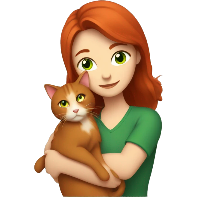 a brown-haired woman hugs a red-haired cat with green eyes emoji