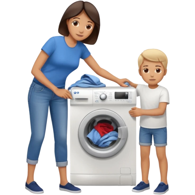 Mother and boy putting clothes in the washing machine emoji