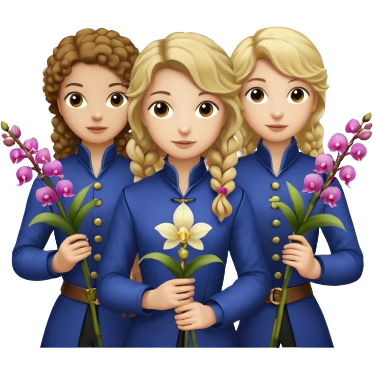 3 female musketeers, one with brown curly hair, one with straight blond hair, one with blond hair in pony tail, all holding orchids emoji