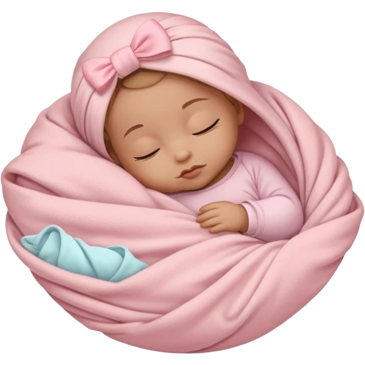 Sleeping baby wrapped in a light pink blanket with a white bow on top of the blanket emoji