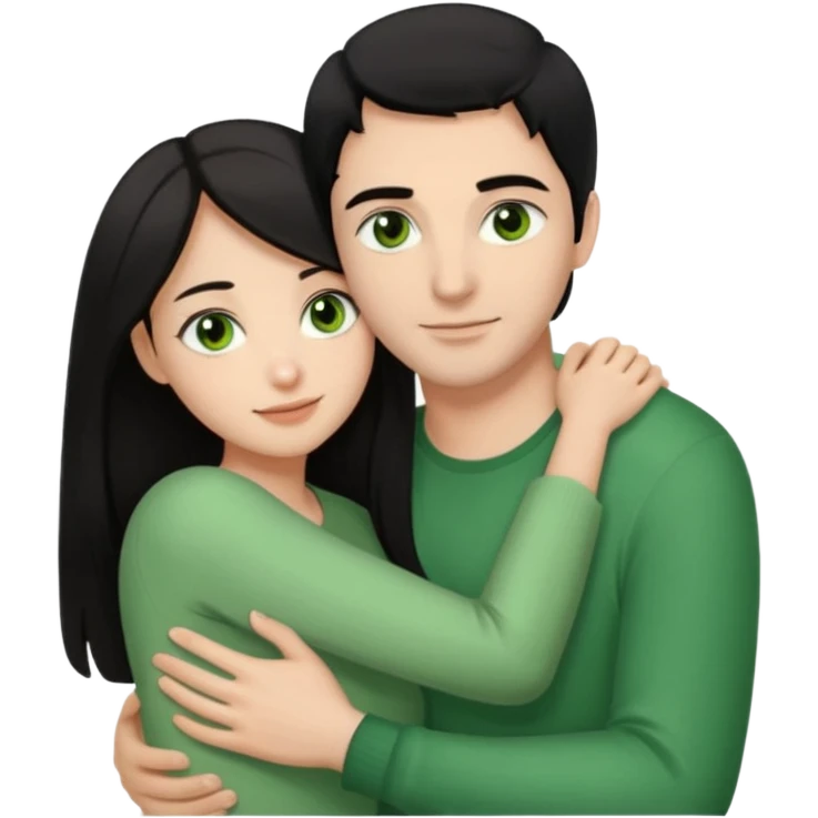 Woman  with brown eyes and black hair hugging a man with green eyes and light brown hair emoji