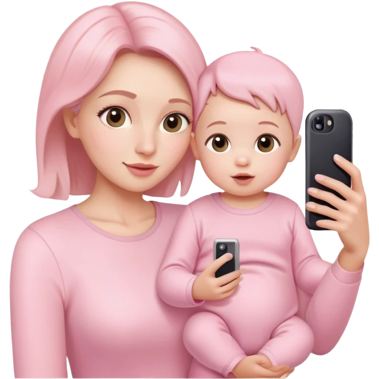 mother and baby taking selfie wearing pastel pink outfits emoji