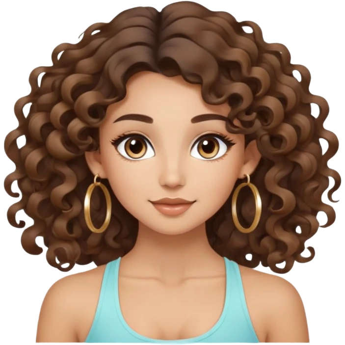 cute balayage brunette long hair curly/wavy haired girl, hoop earrings, clean girl makeup DOING a YOGA pose emoji