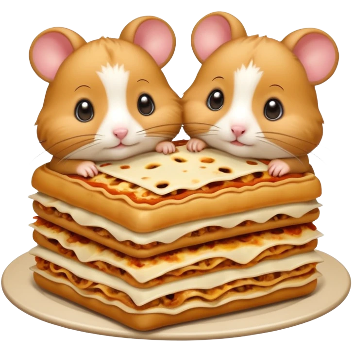 cartoon-style hamster sharing lasagna with other cartoon-style hamsters emoji