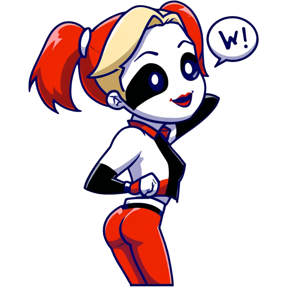 Harley Quinn without shorts and pigtails, standing with her back to us, leaning forward, looking over her shoulder. Like a teasing sticker in telegram style emoji
