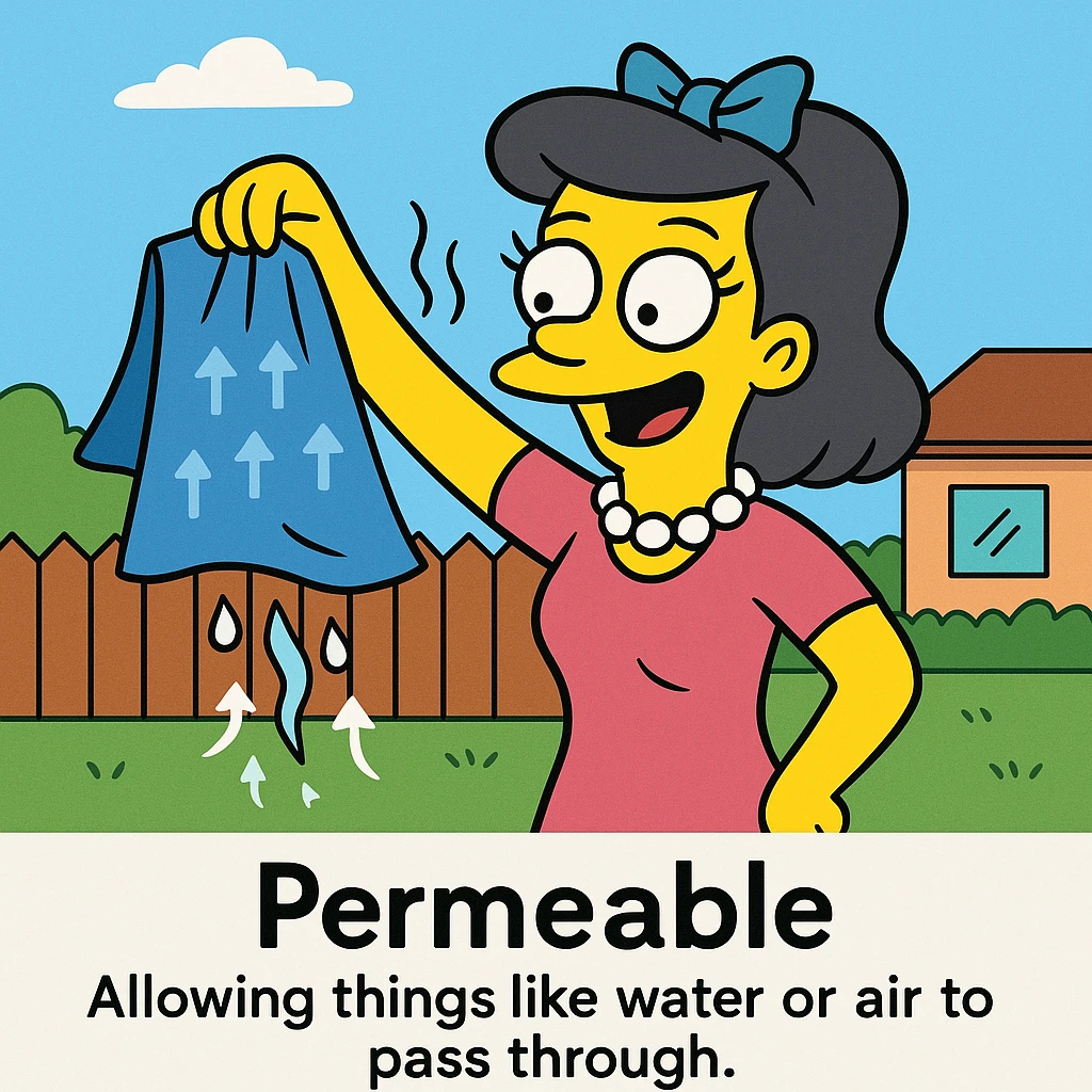 Permeable – allowing things like water or air to pass through.
This fabric is permeable, so it lets sweat escape (allows sweat to pass through and not stay trapped on your skin). emoji