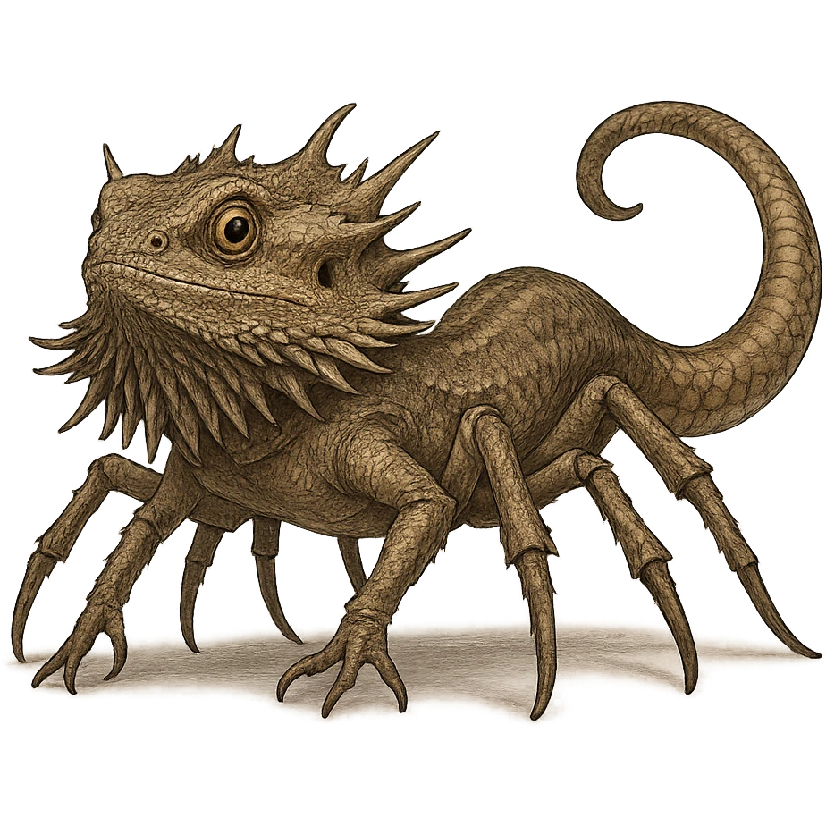 a mythical animal that merges a bearded dragon's spiky beard, a snake's tail, and a spider's eight legs, designed as a single cohesive being, fantasy creature, detailed emoji