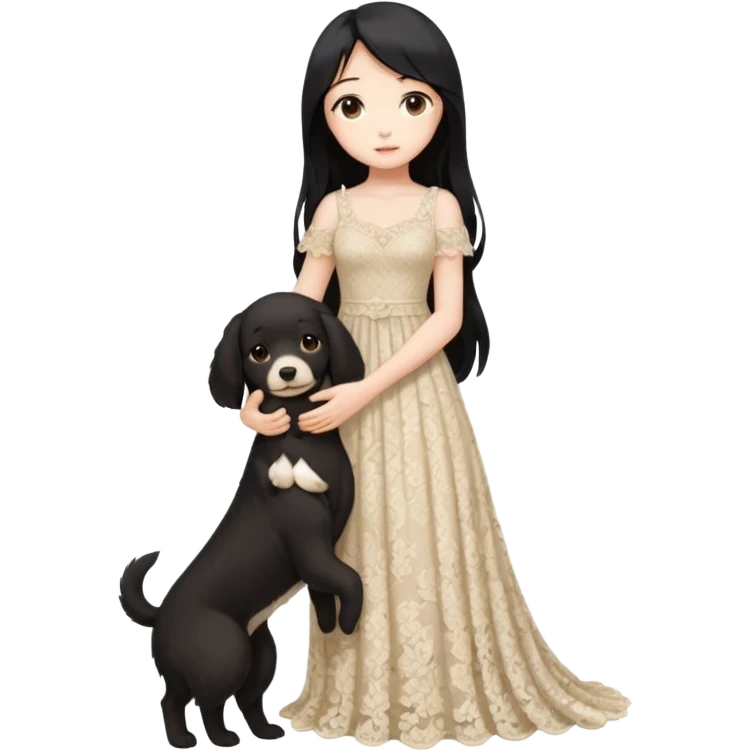 Pastel anime lady long hair with long lace dress full body holding puppy emoji