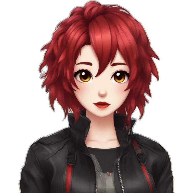 Gorgeous anime style lady with blushing face aesthetic and pretty edgy black red punk hair with hair garment trending style emoji