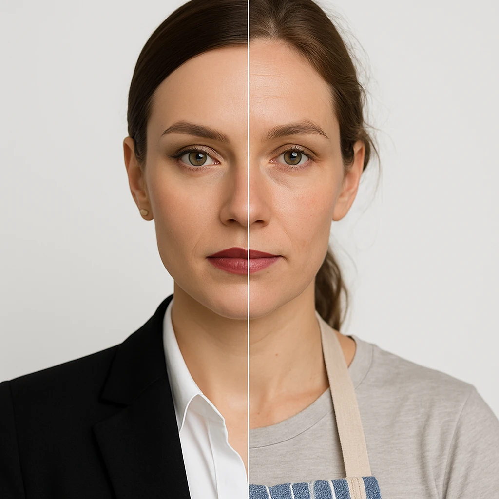 hyper realistic, symmetrical split-image of a woman, one side with business makeup and attire, other side natural, kitchen apron, white background, strong visual contrast emoji