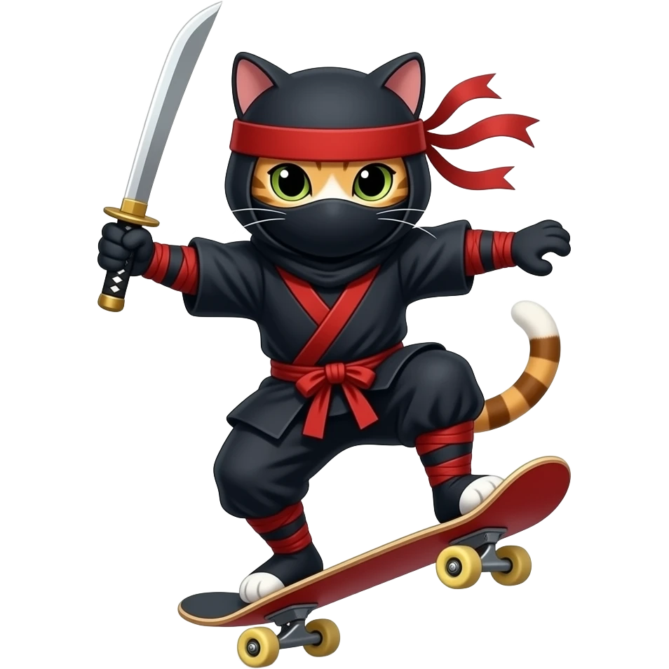 hazme un gato que este con en skate partinando hacinedo un truco con un oufit de un Ninja con lo colores de españa con una katana emoji