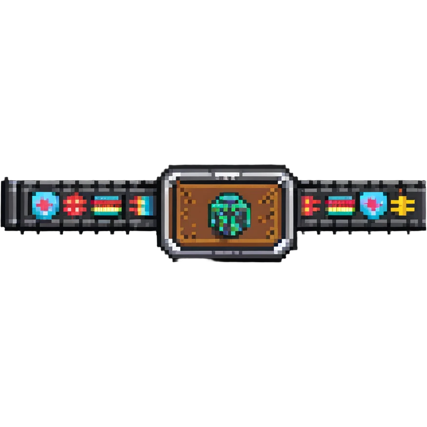 A pixel art championship belt with coding symbols for hackathon winner emoji