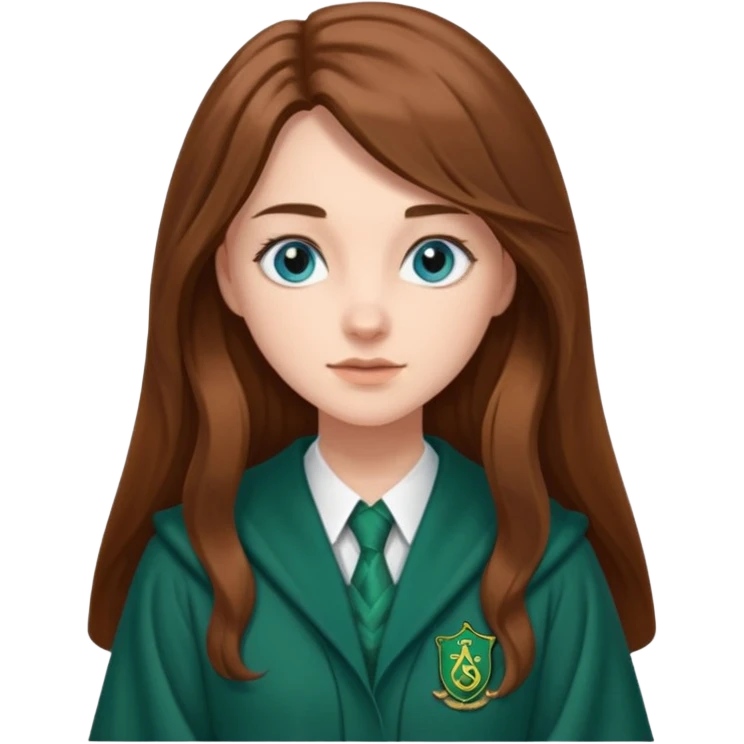 young woman with long brown hair and blue eyes. She is wearing Slytherin school robes emoji