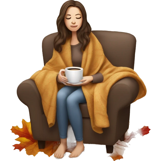 Brunette white girl covered in blanket autumn vibe sitting on a cozy chair holding coffee eyes closed emoji