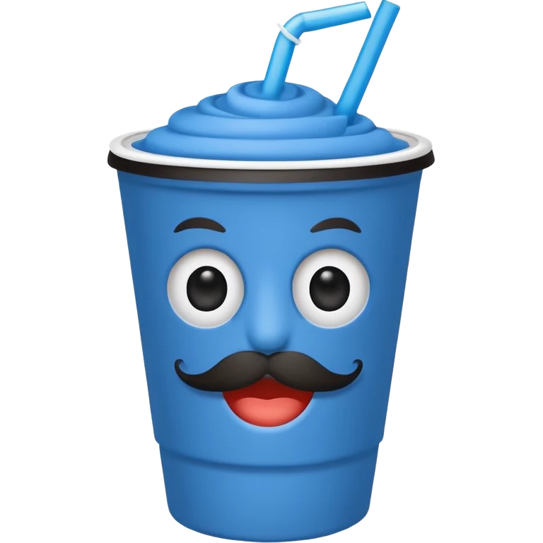 paper blue cup and white straw, the cup has eyes and mouth and mustache emoji