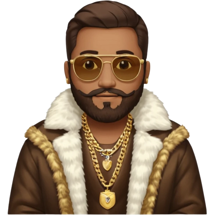 émoji homme barbu, cheveux bruns plaqués collés au crane avec raie au milieu, grosses lunettes de soleil rectangulaires à grosse branches, gros bijoux en or (chaine, montre,) manteau de fourrure très fluffy sur les épaules sourire en coin, boucles d'oreilles emoji
