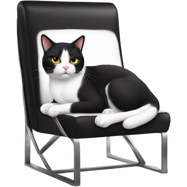 cute black and white cat laying on a modern black leather boxy chair with metal emoji