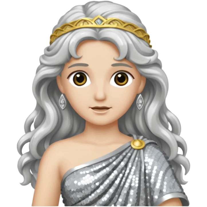 Diana from Roman Deities with long silver wavy hair, silver sequin toga emoji