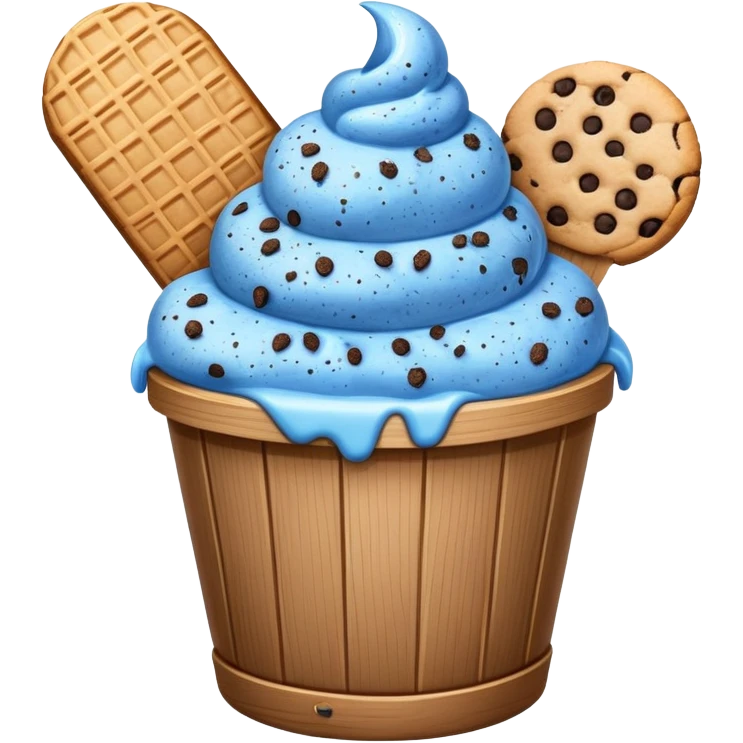 Blue m ice cream speckled with cookie crumbles in a bucket emoji