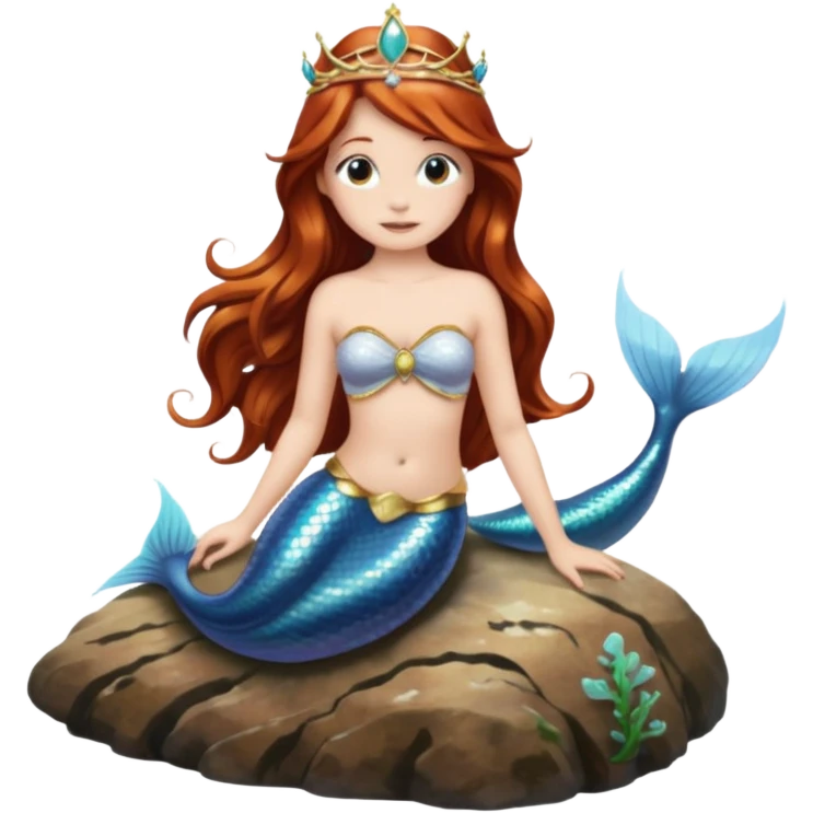 Mermaid with Shell Crown – Long flowing hair, shell tiar, sitting on rock emoji