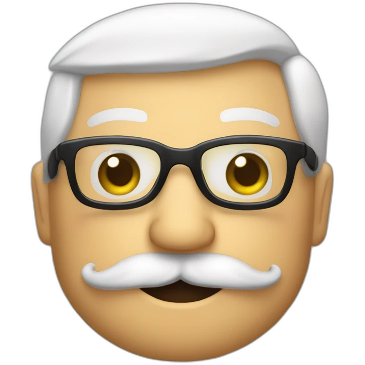 Emoji con gafas a media nariz y bigote de abuelo, peinado hacia tras y con algo de canas, 64 años. Saludando emoji