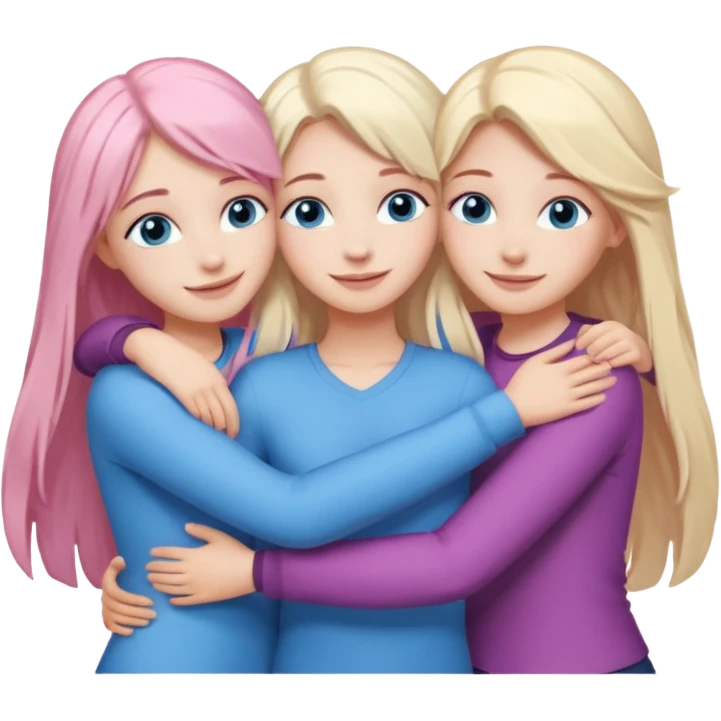 Girlfriend emoji - four white grips hugging and smiling    One girl with long light pink hair and blue eyes, one girl with blue eyes and light blonde hair, and 2 girls with brown eyes and long dark brown hair. emoji